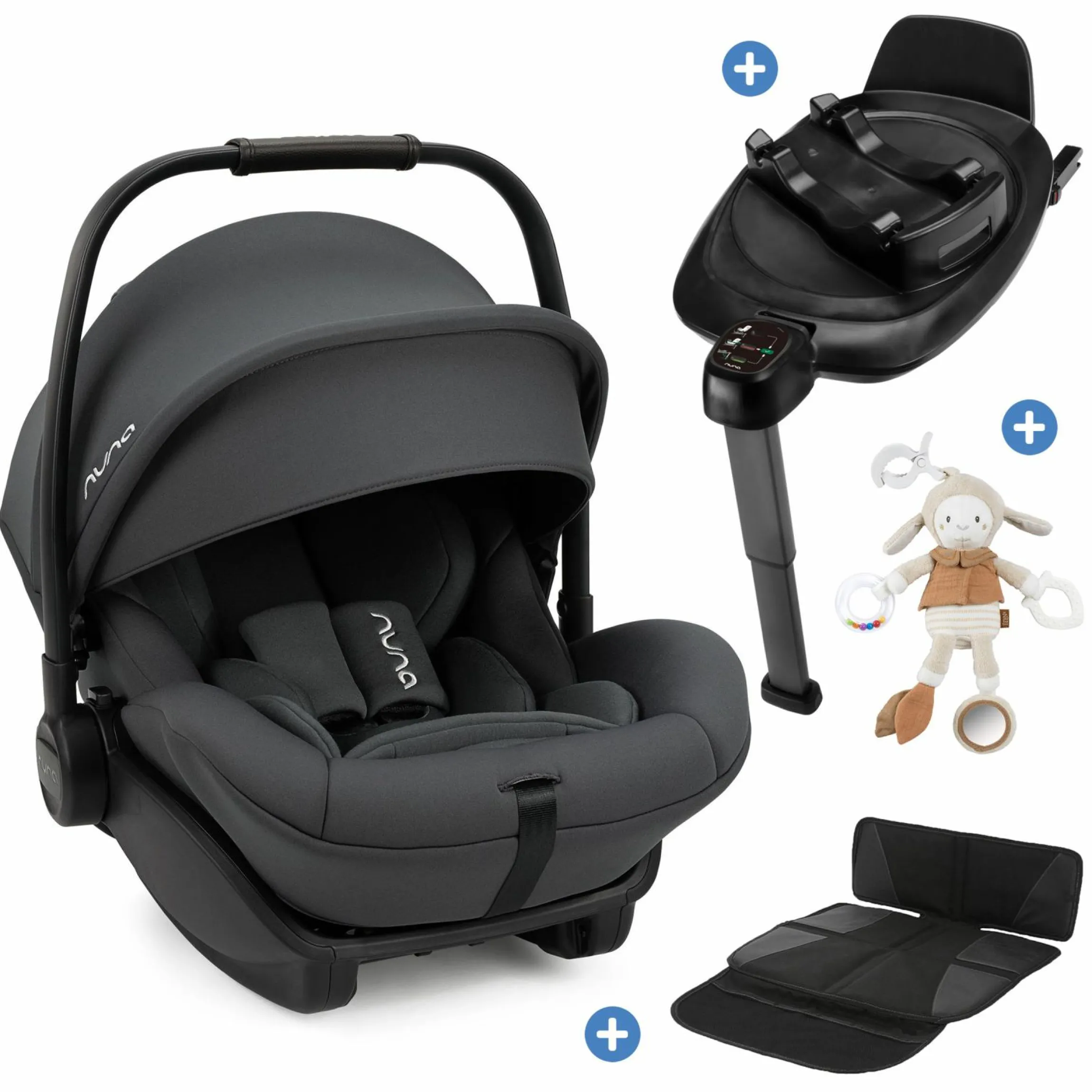 Babyschale ARRA next inkl. Base next ab Geburt bis 13 kg (40 cm - 85 cm) inkl. Sitzverkleinerer, Sonnenverdeck, Polsterschutz, Spieltier nur 3,5 kg - Ocean
