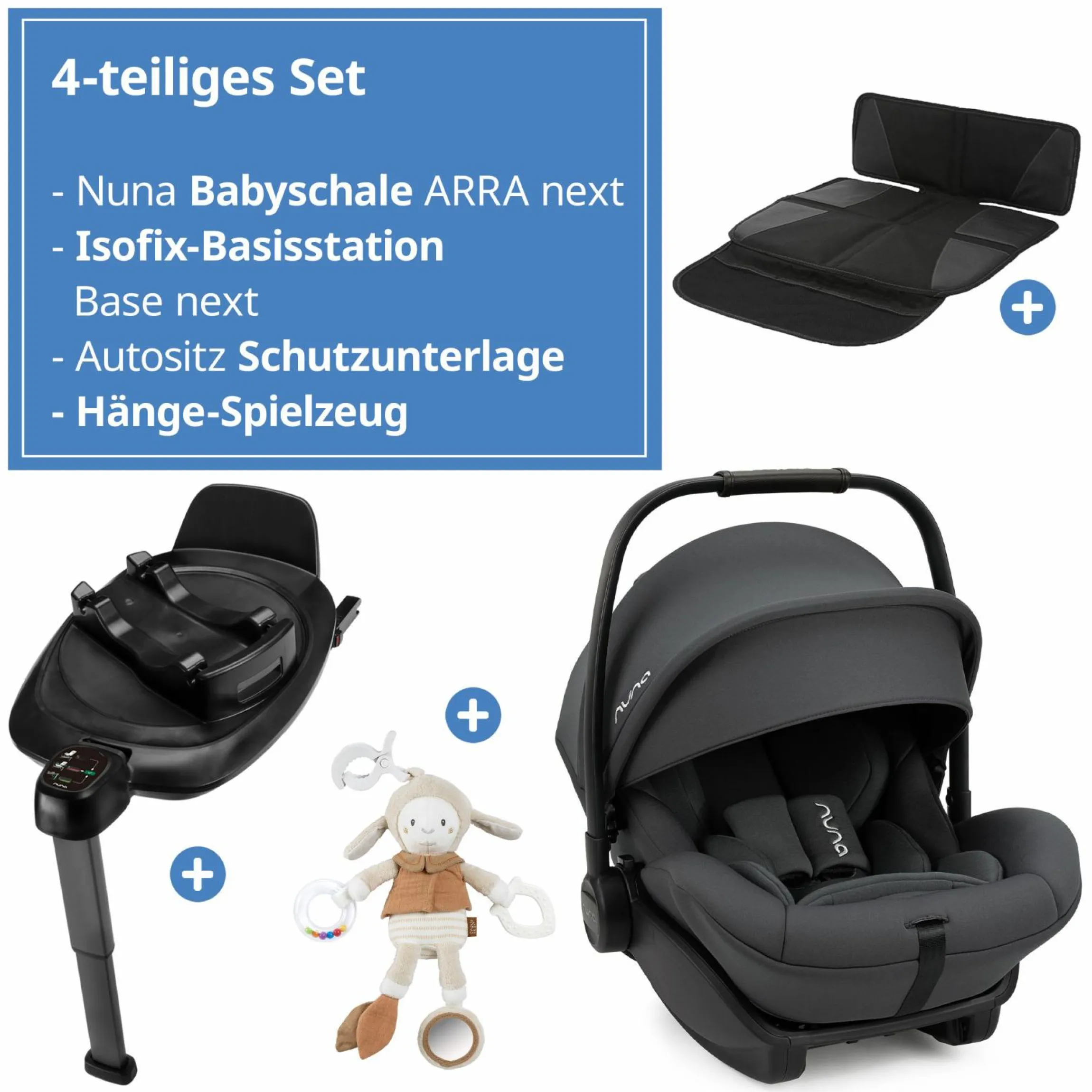 Babyschale ARRA next inkl. Base next ab Geburt bis 13 kg (40 cm - 85 cm) inkl. Sitzverkleinerer, Sonnenverdeck, Polsterschutz, Spieltier nur 3,5 kg - Ocean