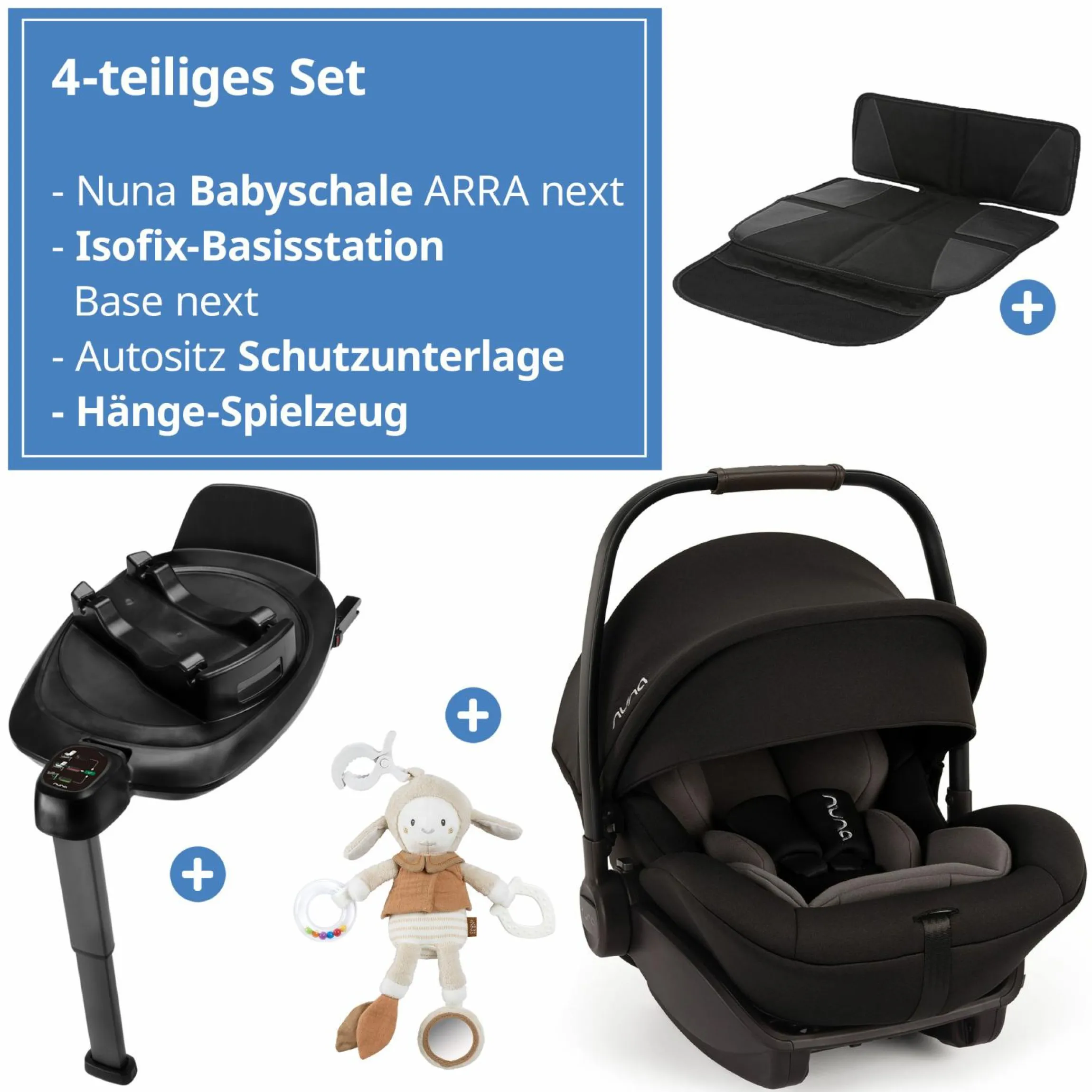 Babyschale ARRA next inkl. Base next ab Geburt bis 13 kg (40 cm - 85 cm) inkl. Sitzverkleinerer, Sonnenverdeck, Polsterschutz, Spieltier nur 3,5 kg - Caviar