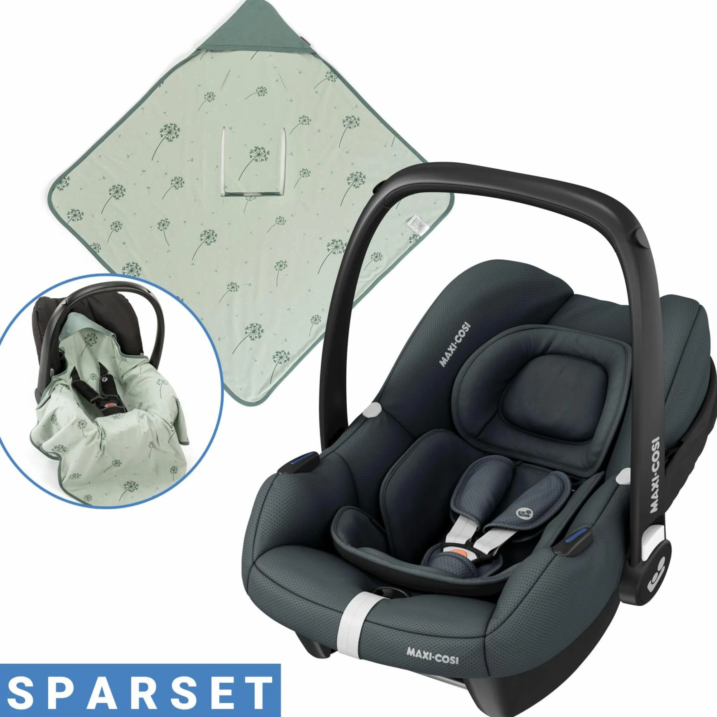 Babyschale CabrioFix i-Size ab Geburt - 12 Monate (40-75 cm) & Sitzverkleinerer, Sonnenverdeck inkl. Einschlagedecke Pusteblume - Essential Graphite - Kollektion 2025