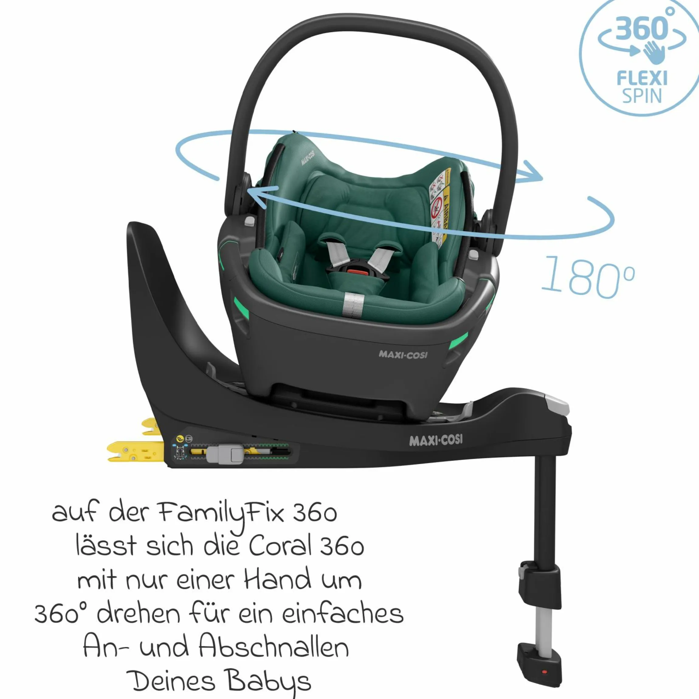 Babyschale Coral 360 i-Size ab Geburt bis 12 kg (40 cm - 75 cm) mit Soft Carrier & Sonnenverdeck - Essential Green