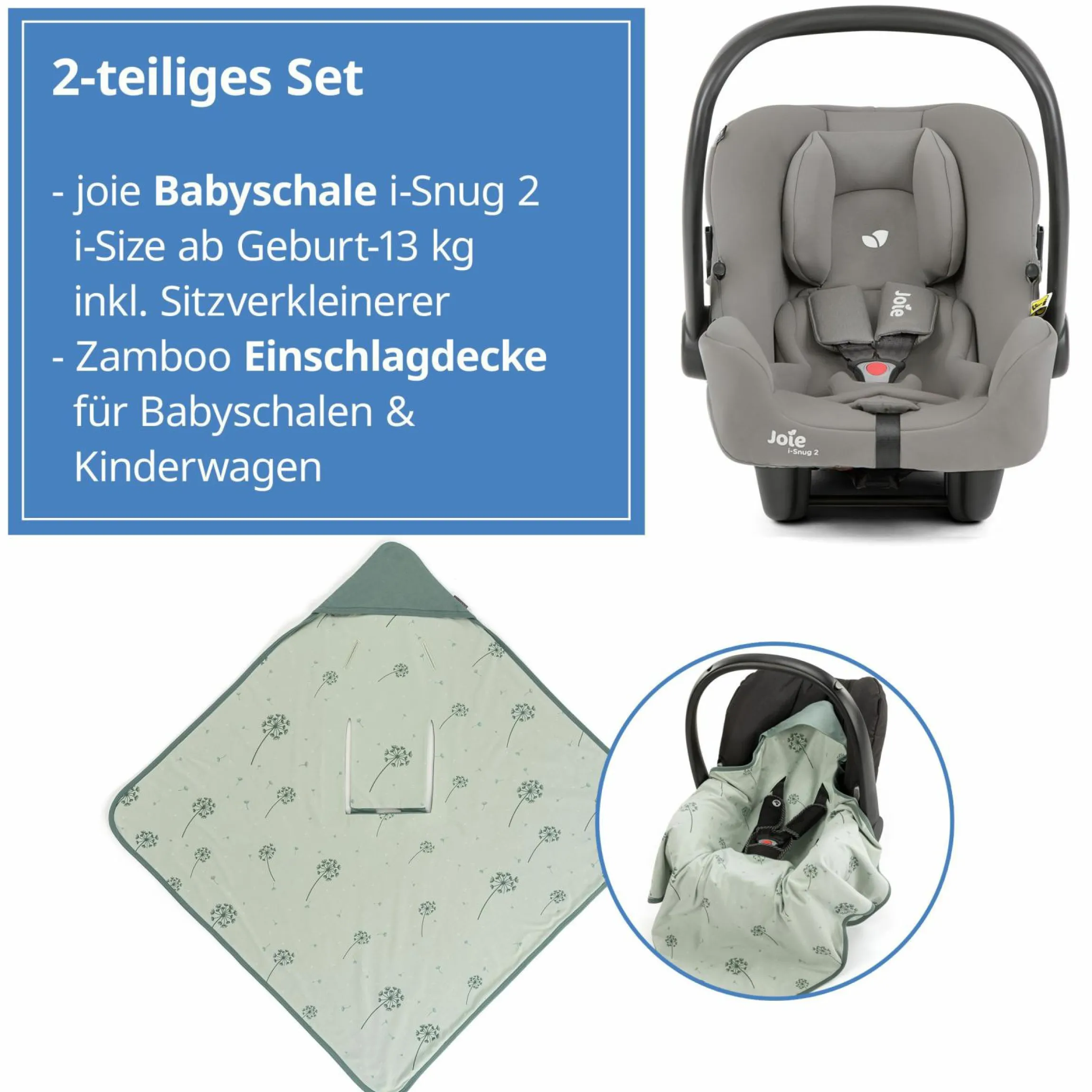 Babyschale i-Snug 2 i-Size ab Geburt-13 kg (40 cm-75 cm) inkl. Sitzverkleinerer nur 3,35 kg + Einschlagdecke Pusteblume - Pebble - Kollektion 2025