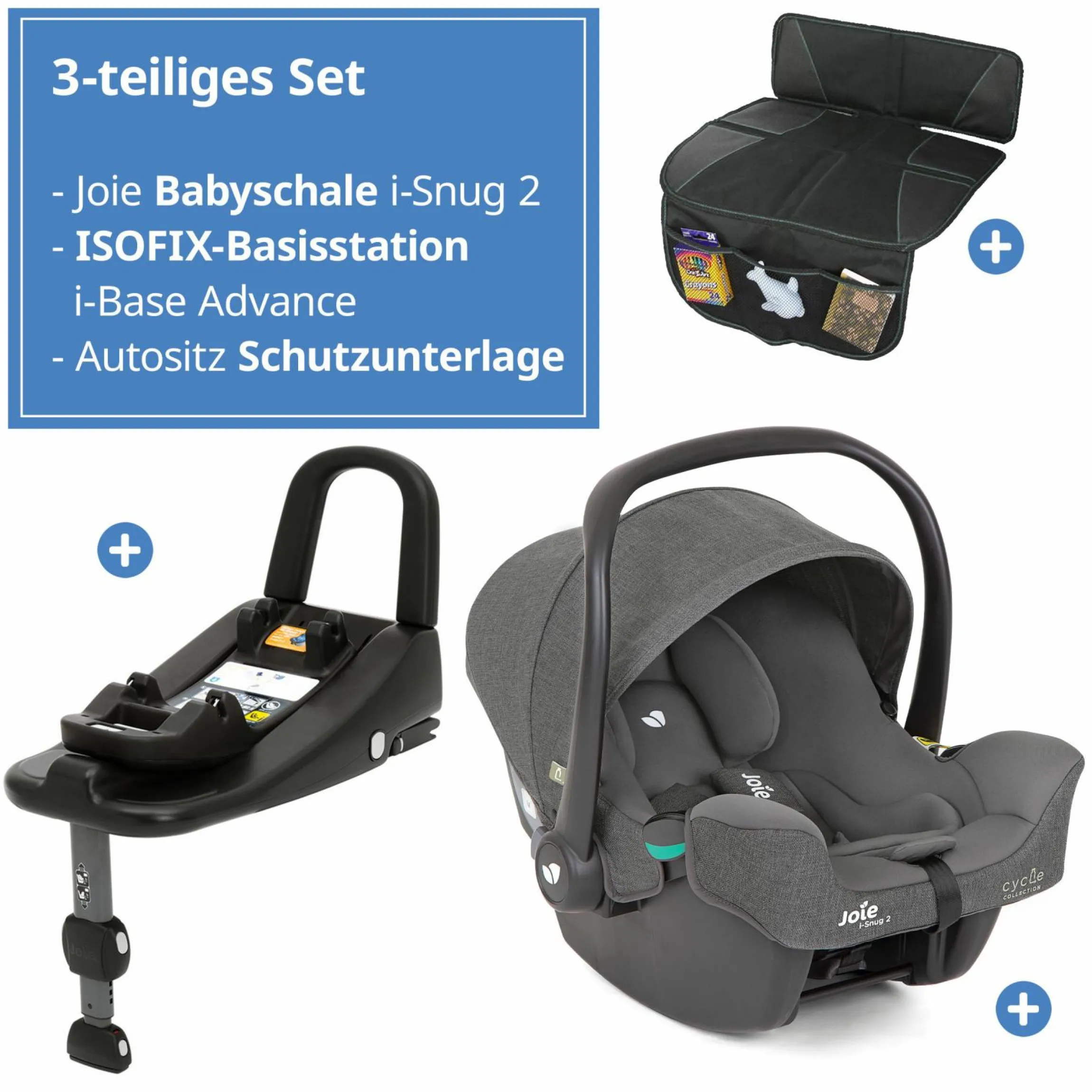 Babyschale i-Snug 2 i-Size mit Isofix-Basis ab Geburt-13 kg (40 cm-75 cm) inkl. Sitzverkleinerer nur 3,35 kg inkl. Polsterschutz - Cycle Collection - Shell Grey
