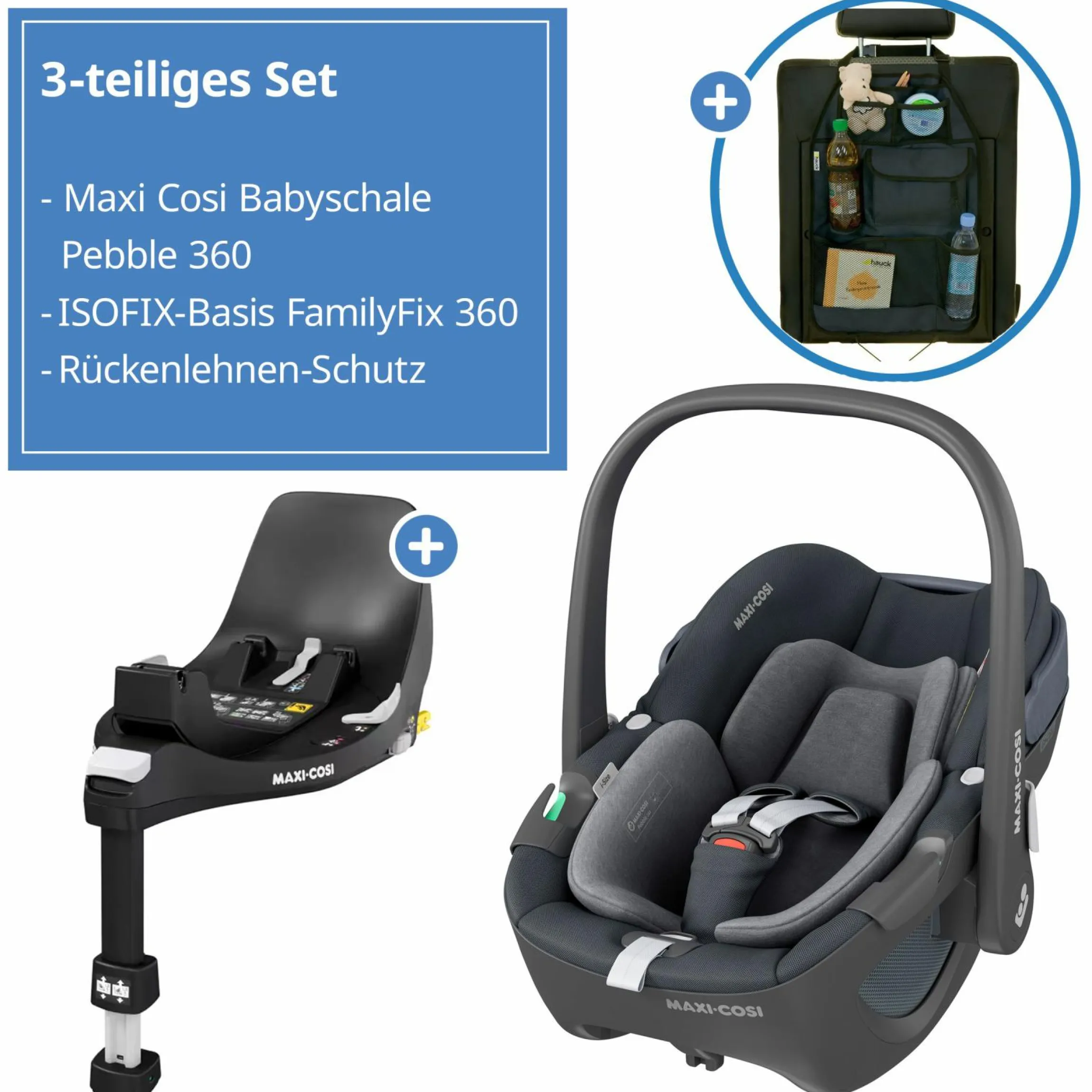 Babyschale Pebble 360 i-Size drehbar ab Geburt - 15 Monate (40 cm - 83 cm) inkl. Isofix-Basis FamilyFix 360 & Rückenlehnenschutz - Essential Graphite
