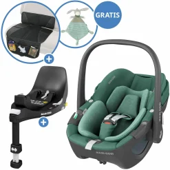 Babyschale Pebble 360 i-Size drehbar ab Geburt - 15 Monate (40 cm - 83 cm) inkl. Isofix-Basis FamilyFix 360, Schutzunterlage & Schmusetuch - Essential Green - Kollektion 2025