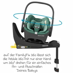 Babyschale Pebble 360 i-Size drehbar ab Geburt - 15 Monate (40 cm - 83 cm) inkl. Isofix-Basis FamilyFix 360, Schutzunterlage & Schmusetuch - Essential Green - Kollektion 2025