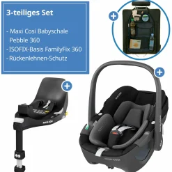 Babyschale Pebble 360 i-Size drehbar ab Geburt - 15 Monate (40 cm - 83 cm) inkl. Isofix-Basis FamilyFix 360 & Rückenlehnenschutz - Essential Black
