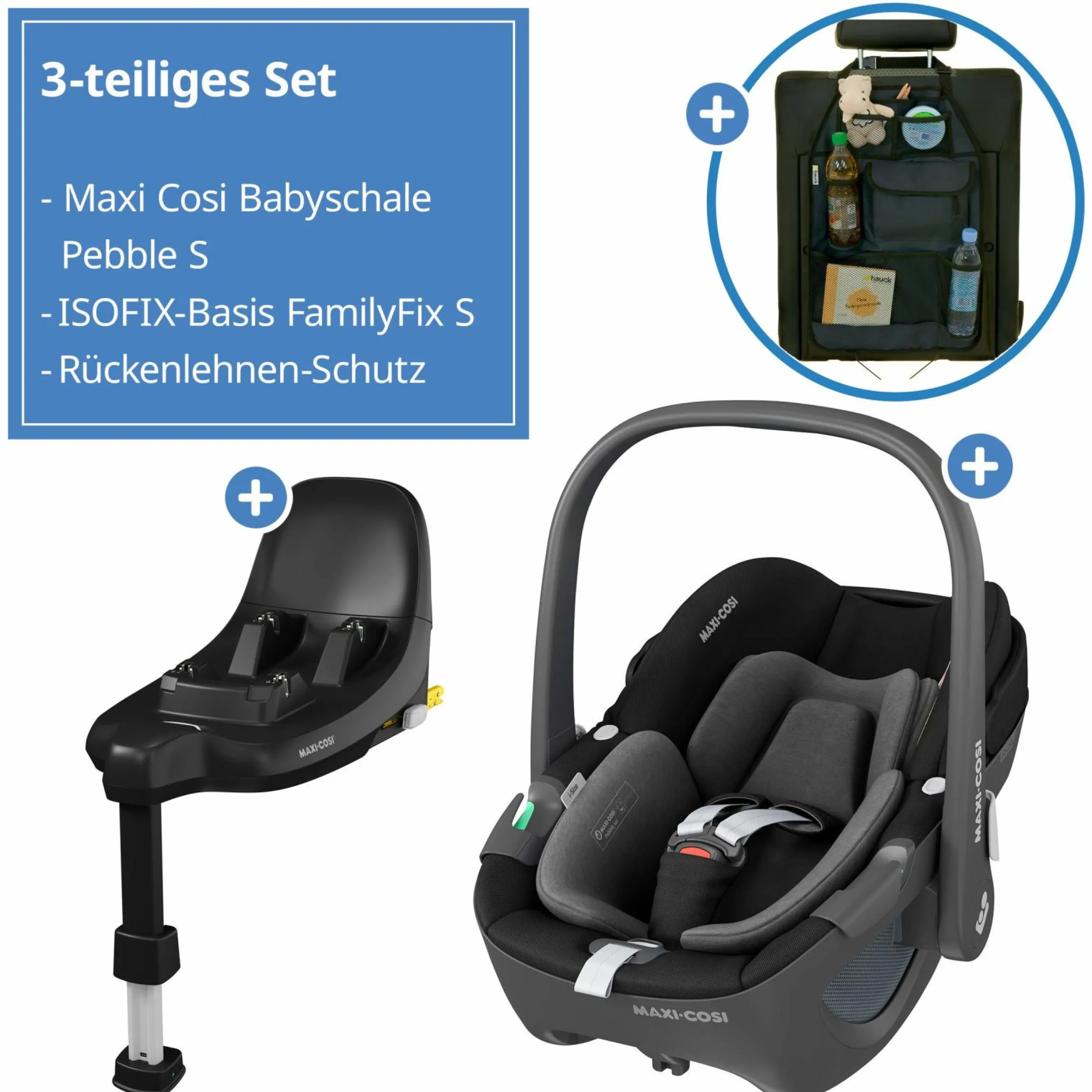 Babyschale Pebble S i-Size ab Geburt - 15 Monate (40 cm - 83 cm) nur 3,4 kg leicht inkl. Isofix-Basis FamilyFix S & Rückenlehnenschutz - Tonal Black