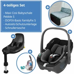 Babyschale Pebble S i-Size ab Geburt - 15 Monate (40 cm - 83 cm) nur 3,4 kg leicht inkl. Isofix-Basis FamilyFix S, Schutzunterlage & Schnullertasche - Tonal Black - Kollektion 2025