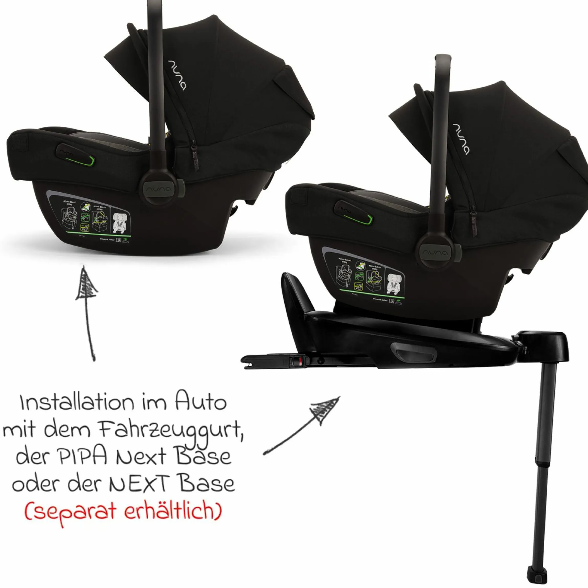 Babyschale PIPA next i-Size ab Geburt bis 13 kg (40 cm - 83 cm) inkl. Sitzverkleinerer, Sonnenverdeck mit Dream Drape nur 2,8 kg - Caviar - Kollektion 2025