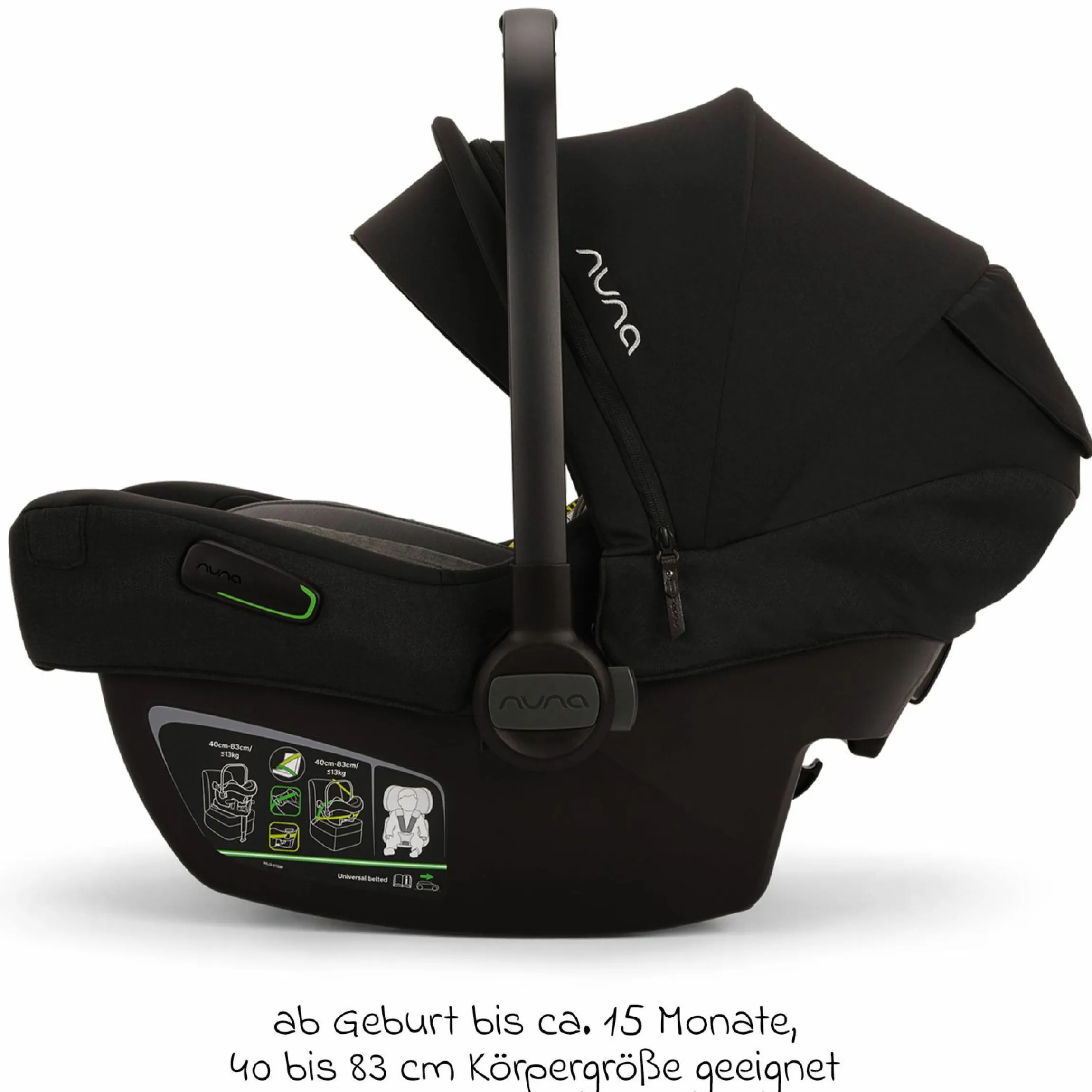 Babyschale PIPA next i-Size inkl. Base next ab Geburt bis 13 kg (40 cm - 83 cm) inkl. Sitzverkleinerer, Sonnenverdeck mit Dream Drape, Polsterschutz nur 2,8 kg - Caviar