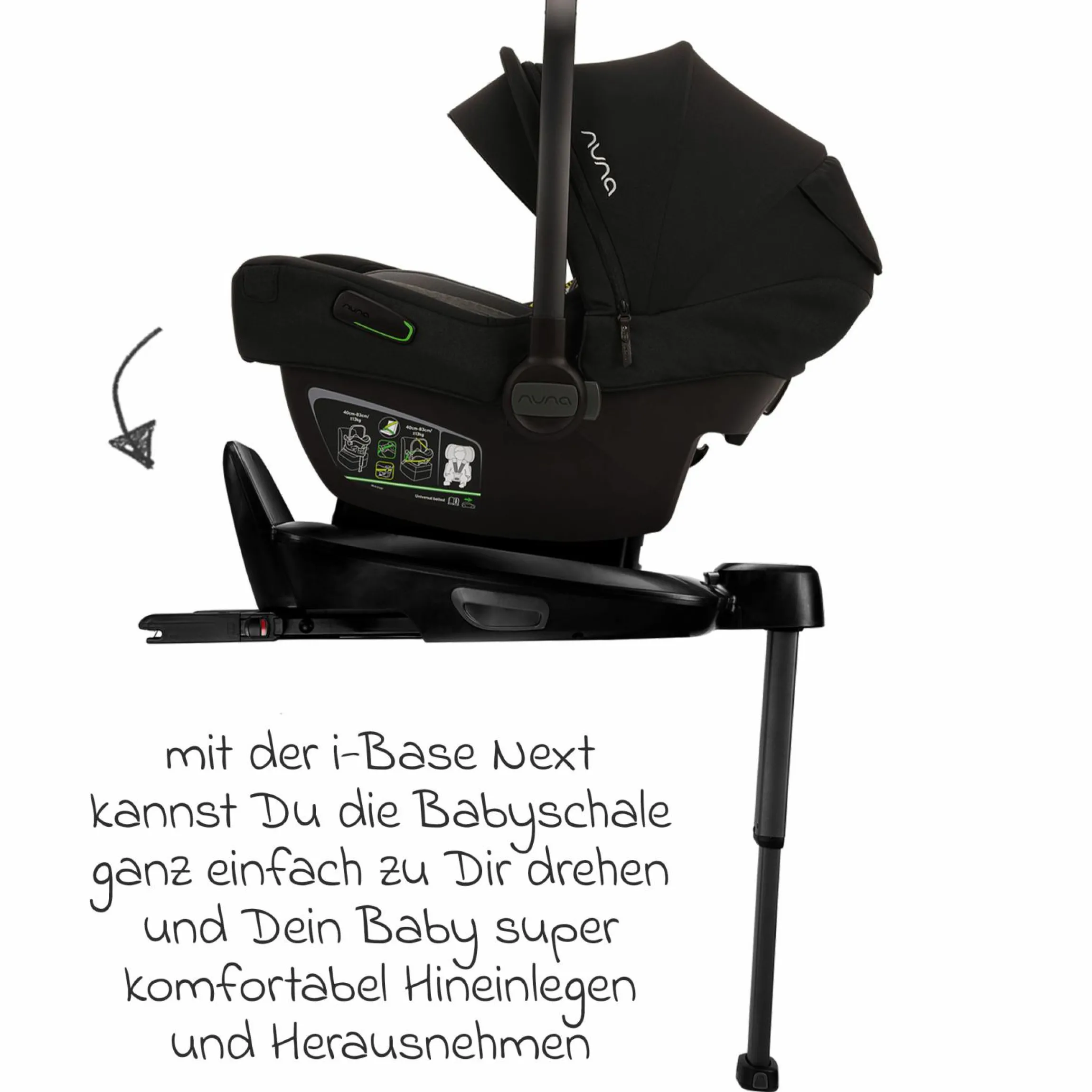 Babyschale PIPA next i-Size inkl. Base next ab Geburt bis 13 kg (40 cm - 83 cm) inkl. Sitzverkleinerer, Sonnenverdeck mit Dream Drape, Polsterschutz nur 2,8 kg - Caviar