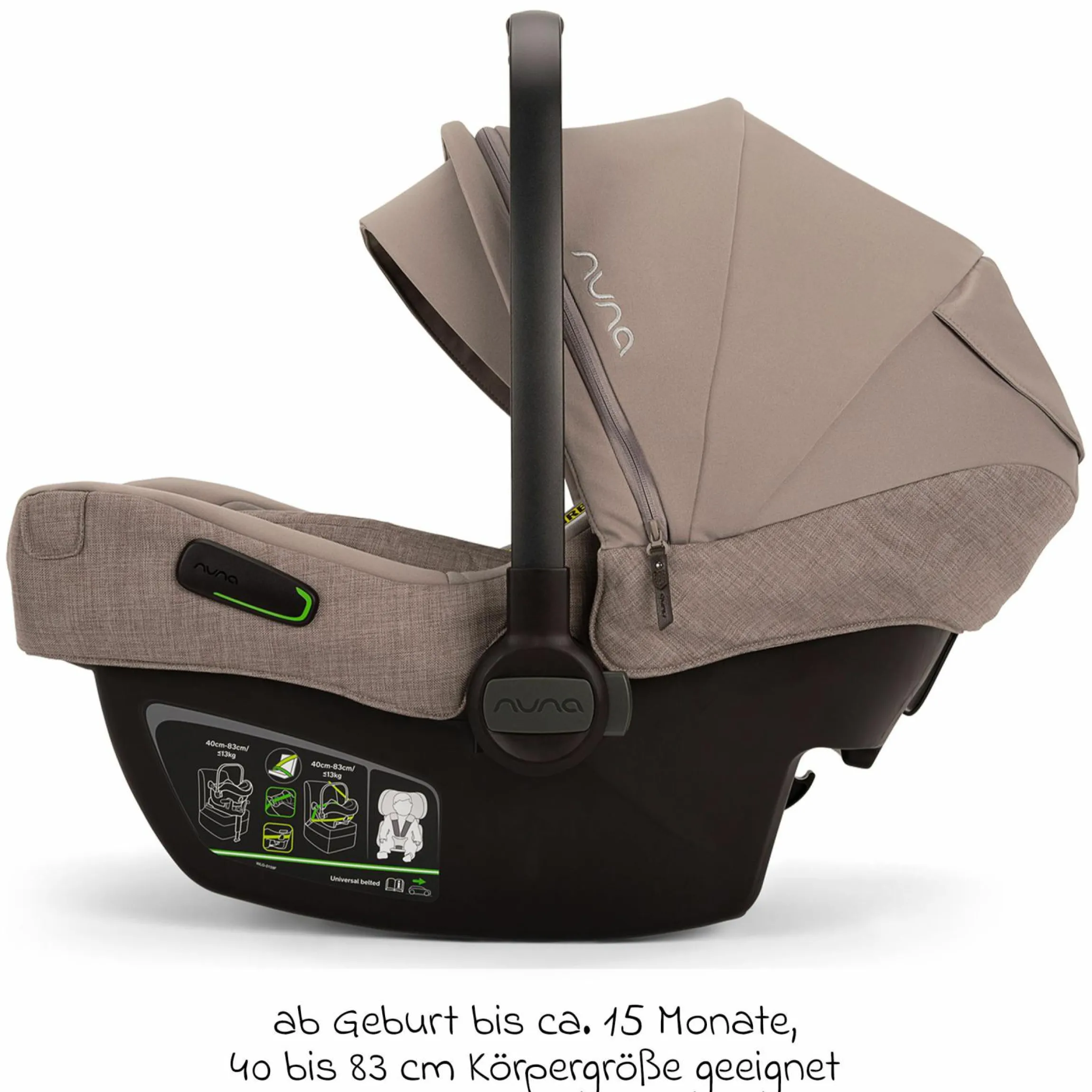 Babyschale PIPA next i-Size inkl. Base next ab Geburt bis 13 kg (40 cm - 83 cm) inkl. Sitzverkleinerer, Sonnenverdeck mit Dream Drape, Polsterschutz nur 2,8 kg - Cedar