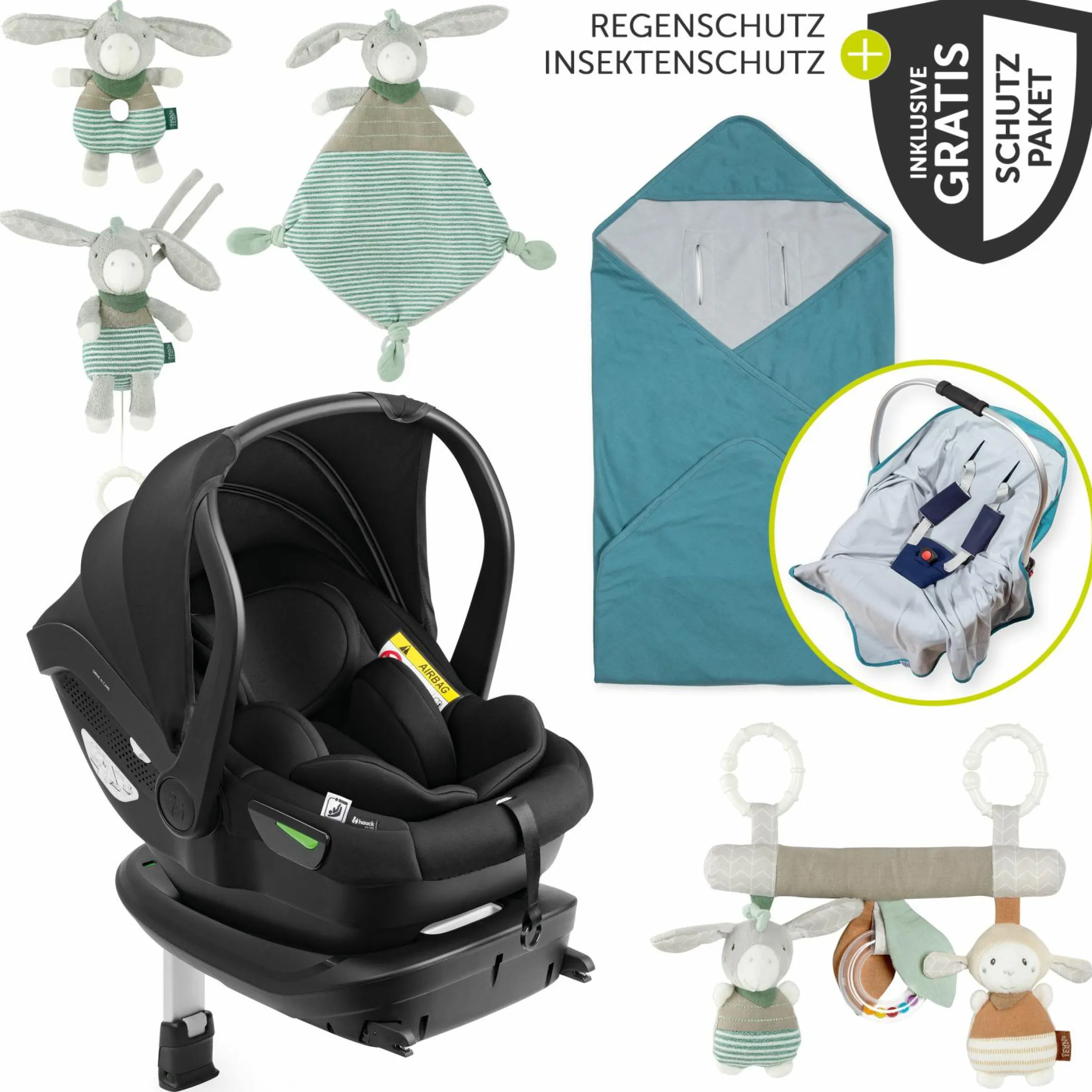 Babyschalen-Set Drive N Care Set i-Size (40 - 87 cm) inkl. Isofix Basis + GRATIS Schutzpaket, Einschlagdecke & Fehn Spielzeug-Set - Patina