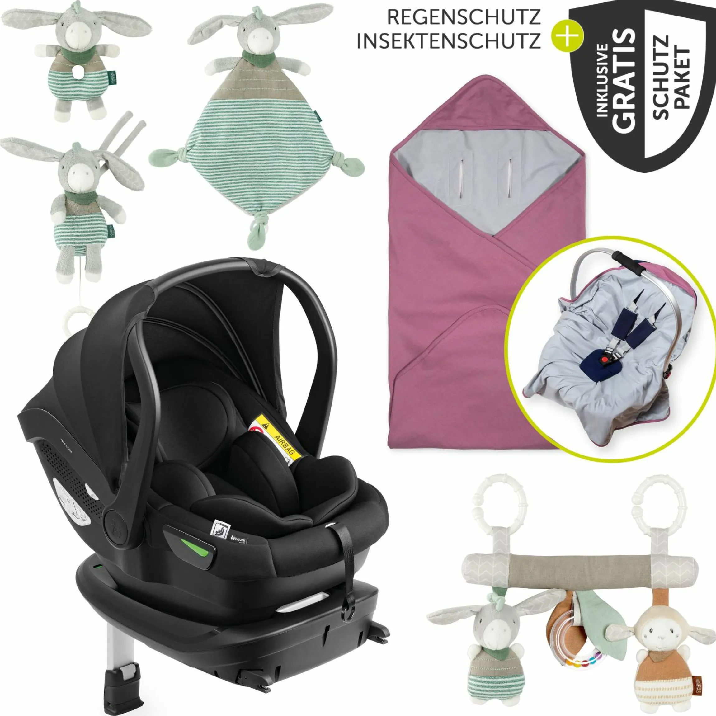 Babyschalen-Set Drive N Care Set i-Size (40 - 87 cm) inkl. Isofix Basis + GRATIS Schutzpaket, Einschlagdecke & Fehn Spielzeug-Set - Orchidee