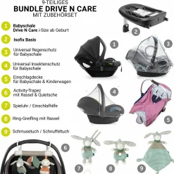 Babyschalen-Set Drive N Care Set i-Size (40 - 87 cm) inkl. Isofix Basis + GRATIS Schutzpaket, Einschlagdecke & Fehn Spielzeug-Set - Orchidee