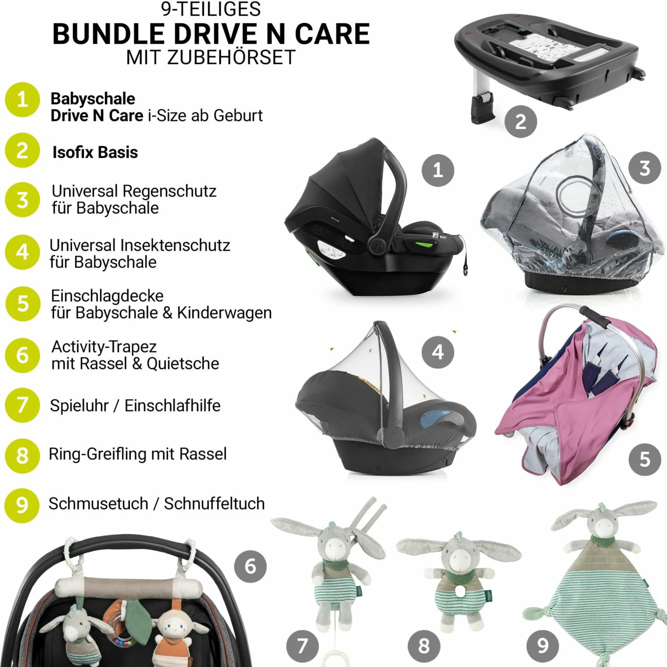 Babyschalen-Set Drive N Care Set i-Size (40 - 87 cm) inkl. Isofix Basis + GRATIS Schutzpaket, Einschlagdecke & Fehn Spielzeug-Set - Orchidee