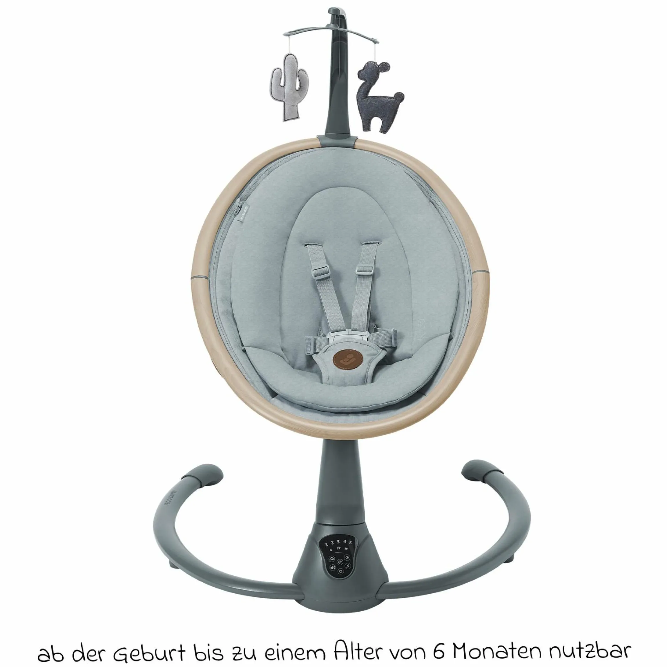 Babyschaukel Cassia Swing nur 4 kg leicht mit 5 Schaukel-Geschwindigkeiten, mehrere Sitz- und Liegepositionen 12 Melodien & 2 Spielzeuge - Beyond Grey Eco - Kollektion 2025