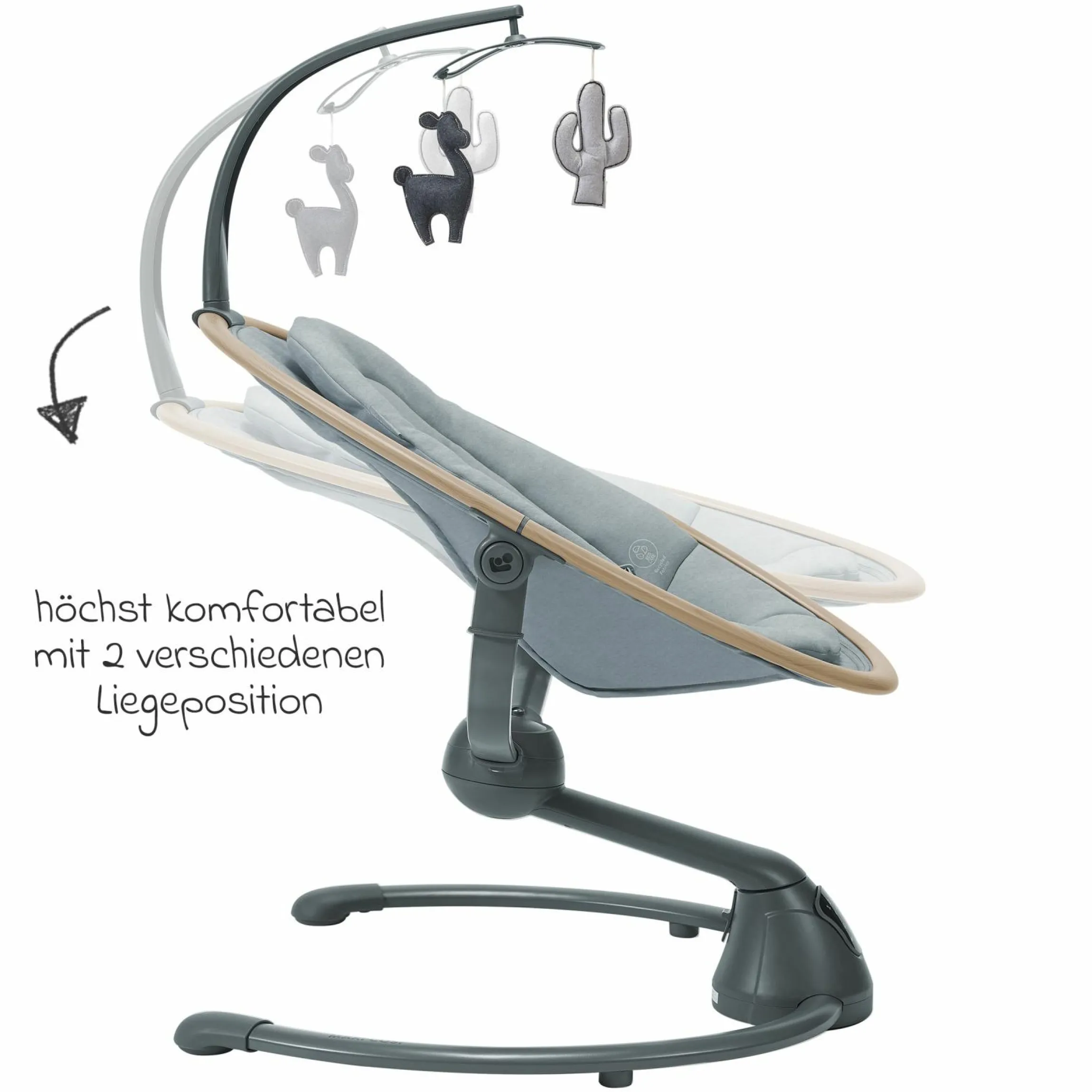 Babyschaukel Cassia Swing nur 4 kg leicht mit 5 Schaukel-Geschwindigkeiten, mehrere Sitz- und Liegepositionen 12 Melodien & 2 Spielzeuge - Beyond Grey Eco - Kollektion 2025