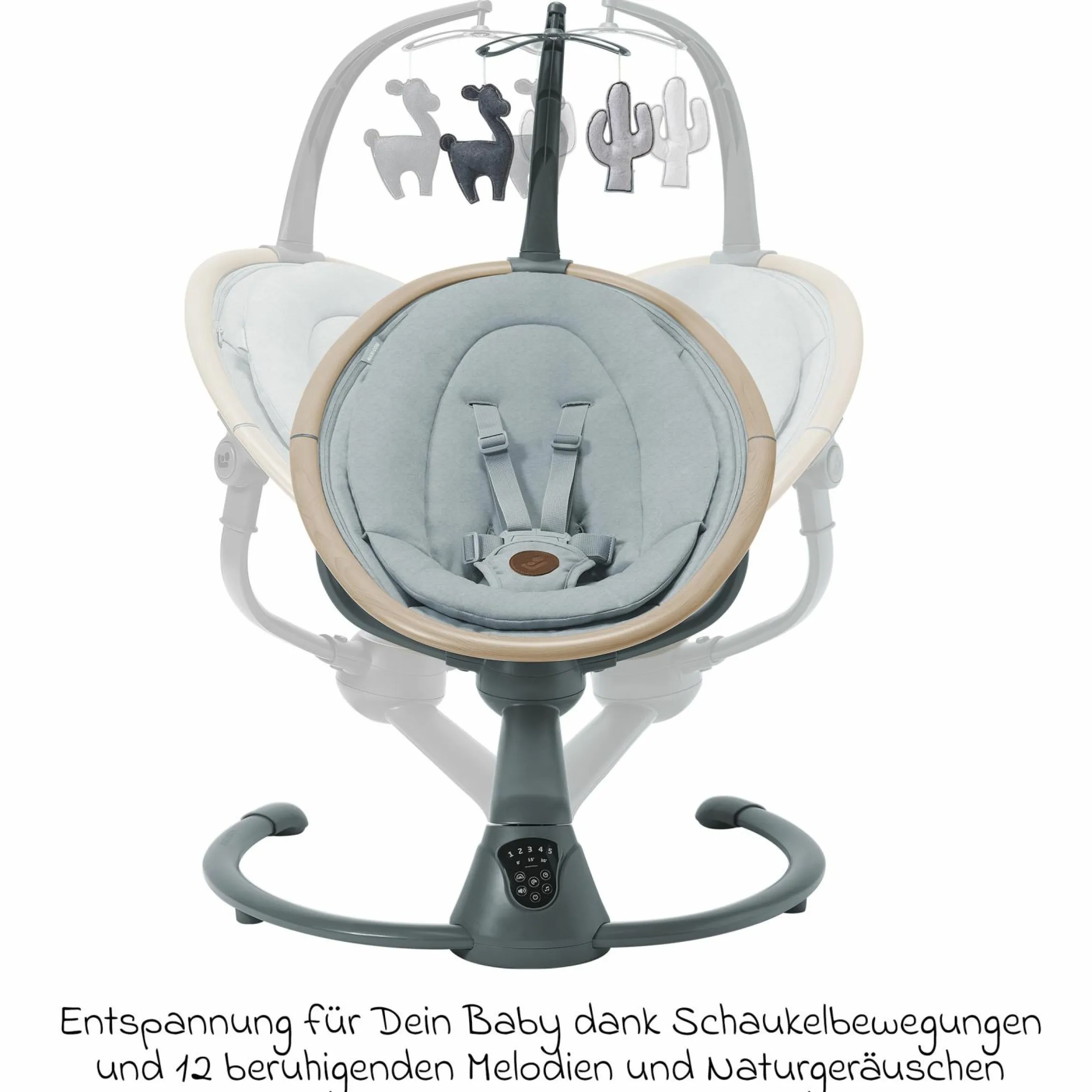 Babyschaukel Cassia Swing nur 4 kg leicht mit 5 Schaukel-Geschwindigkeiten, mehrere Sitz- und Liegepositionen 12 Melodien & 2 Spielzeuge - Beyond Grey Eco - Kollektion 2025