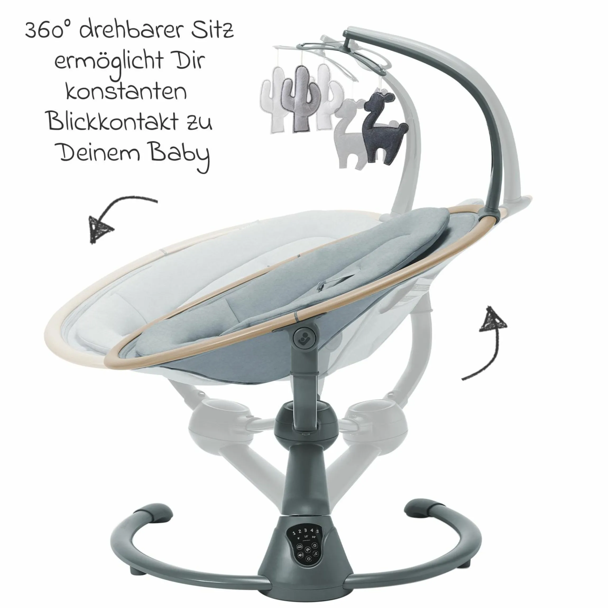Babyschaukel Cassia Swing nur 4 kg leicht mit 5 Schaukel-Geschwindigkeiten, mehrere Sitz- und Liegepositionen 12 Melodien & 2 Spielzeuge - Beyond Grey Eco - Kollektion 2025
