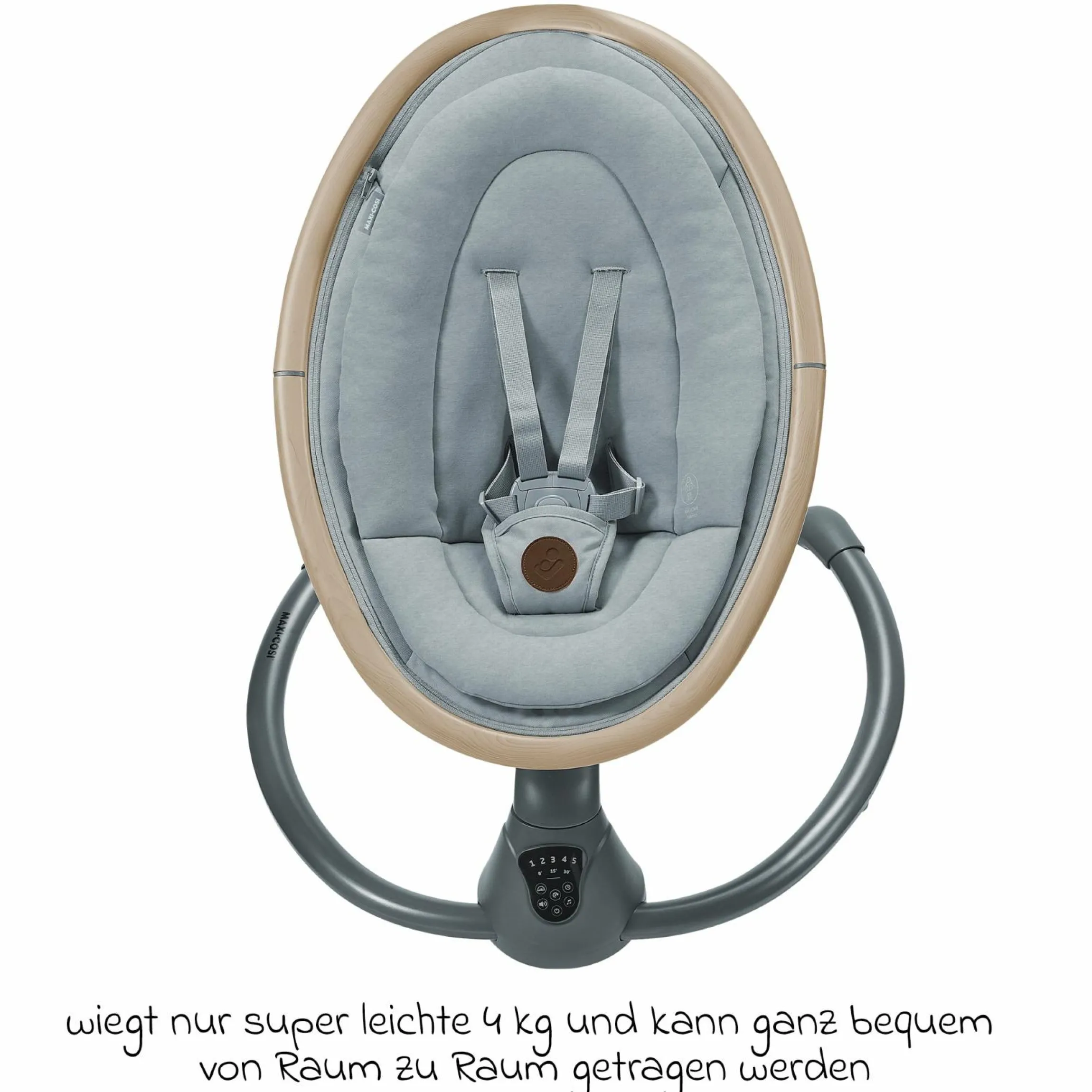 Babyschaukel Cassia Swing nur 4 kg leicht mit 5 Schaukel-Geschwindigkeiten, mehrere Sitz- und Liegepositionen 12 Melodien & 2 Spielzeuge - Beyond Grey Eco - Kollektion 2025