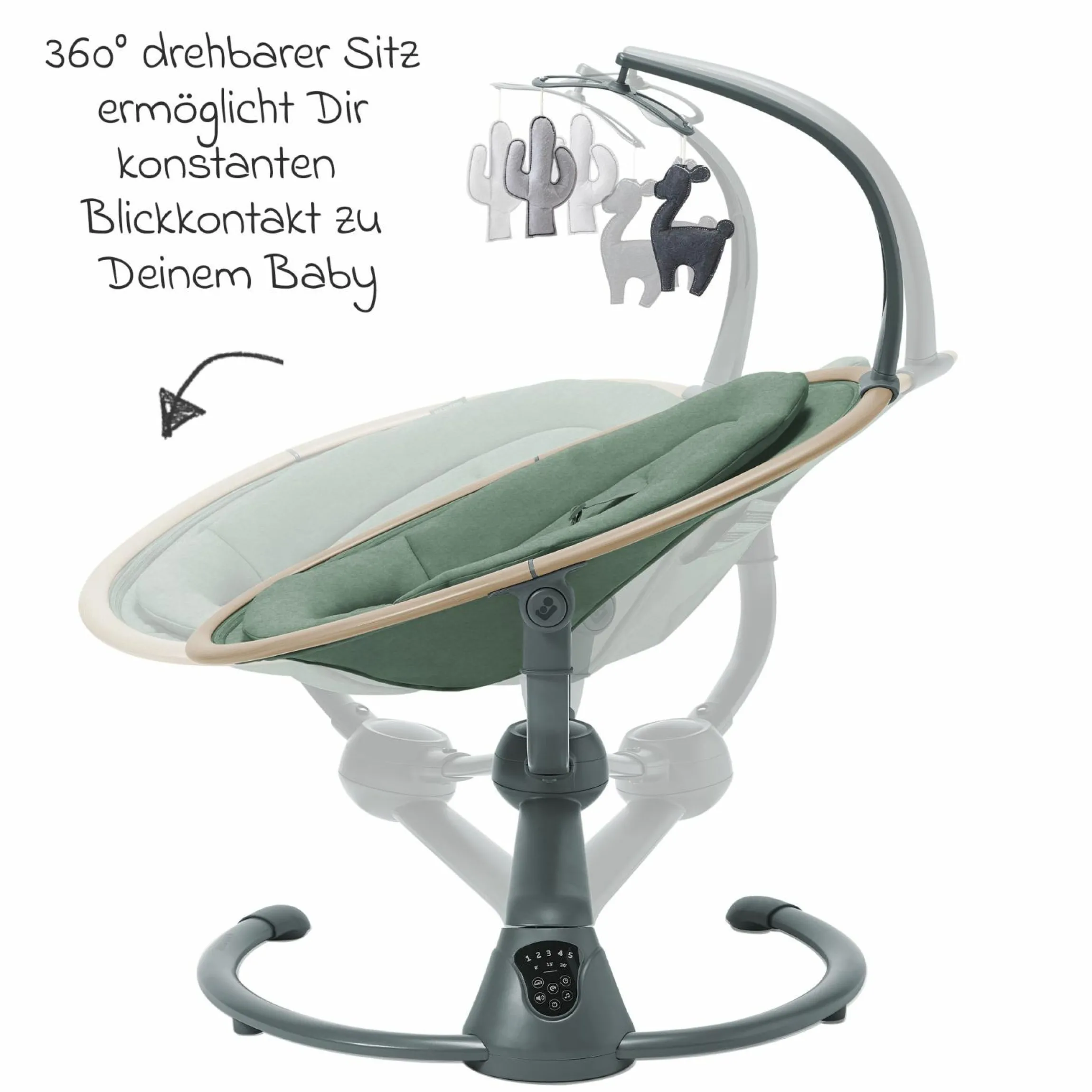Babyschaukel Cassia Swing nur 4 kg leicht mit 5 Schaukel-Geschwindigkeiten, mehrere Sitz- und Liegepositionen 12 Melodien & 2 Spielzeuge - Beyond Green Eco - Kollektion 2025