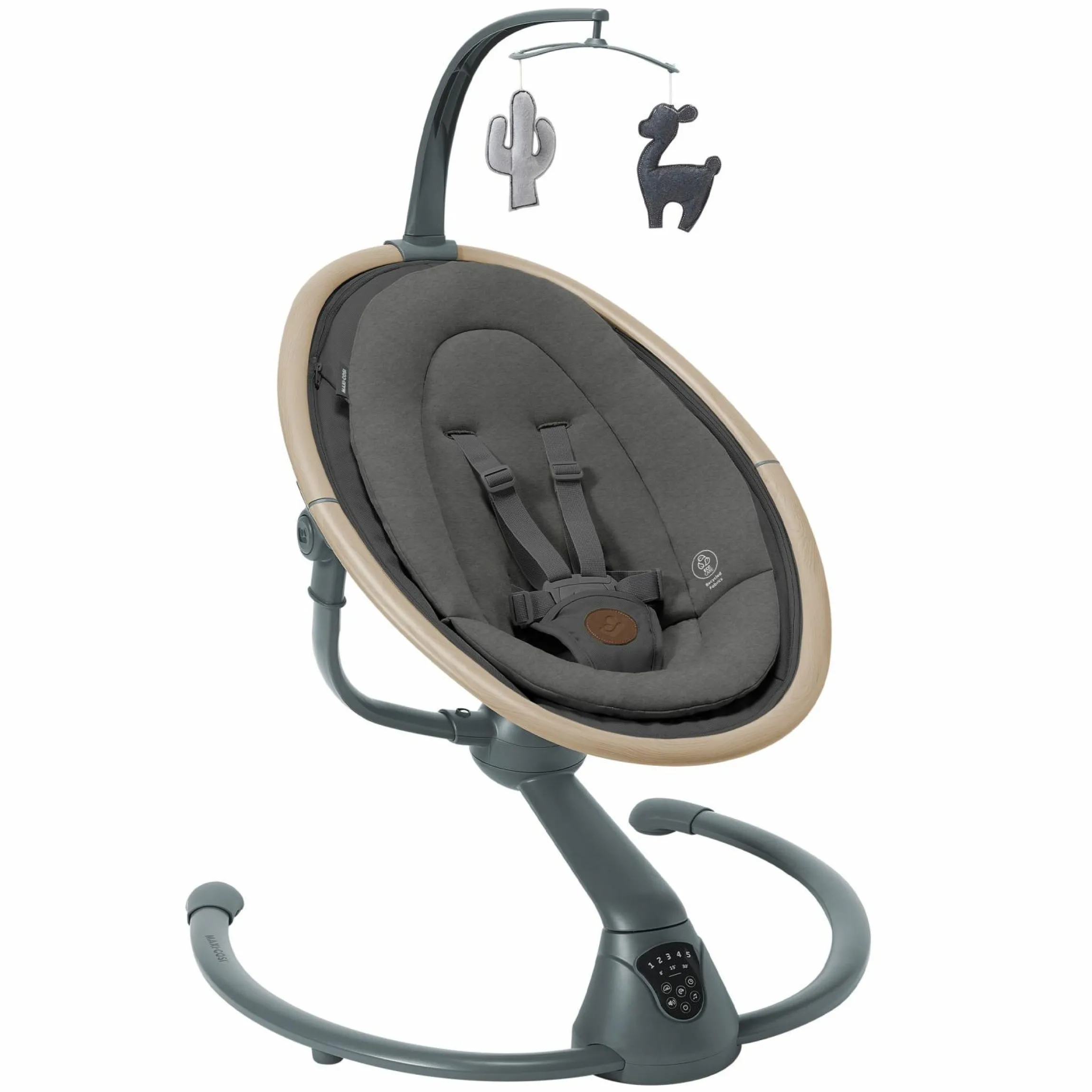 Babyschaukel Cassia Swing nur 4 kg leicht mit 5 Schaukel-Geschwindigkeiten, mehrere Sitz- und Liegepositionen 12 Melodien & 2 Spielzeuge - Beyond Graphite Eco - Kollektion 2025