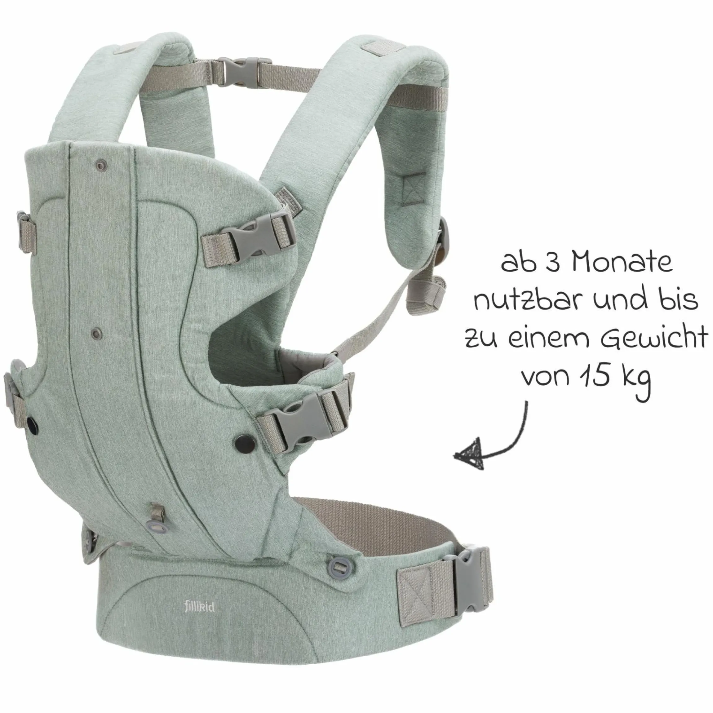 Babytrage ab 3,5 -15 kg für Bauch- und Rückentrageposition - Pistazie - Kollektion 2025