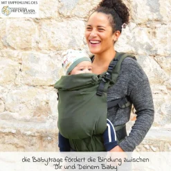 Babytrage DidyFix Fullbuckle ab Geburt - 3,5 kg - 20 kg - Anhock-Spreiz-Haltung, Bauch-, Rücken- und Hüfttrageweise, 100 % kbA-Baumwolle - Olive