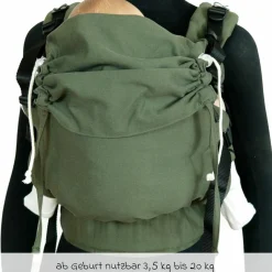 Babytrage DidyFix Fullbuckle ab Geburt - 3,5 kg - 20 kg - Anhock-Spreiz-Haltung, Bauch-, Rücken- und Hüfttrageweise, 100 % kbA-Baumwolle - Olive