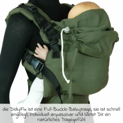 Babytrage DidyFix Fullbuckle ab Geburt - 3,5 kg - 20 kg - Anhock-Spreiz-Haltung, Bauch-, Rücken- und Hüfttrageweise, 100 % kbA-Baumwolle - Olive