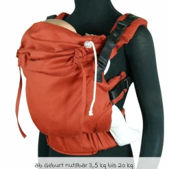 Babytrage DidyFix Fullbuckle ab Geburt - 3,5 kg - 20 kg - Anhock-Spreiz-Haltung, Bauch-, Rücken- und Hüfttrageweise, 100 % kbA-Baumwolle - Rusty Red