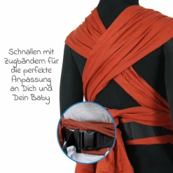 Babytrage DidyKlick 4u Halfbuckle ab Geburt - 3,5 kg - 20 kg - Anhock-Spreiz-Haltung, Bauch-, Rücken- und Hüfttrageweise, 100 % kbA-Baumwolle - Rusty Red