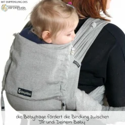 Babytrage DidyKlick 4u Halfbuckle ab Geburt - 3,5 kg - 20 kg - Anhock-Spreiz-Haltung, Bauch-, Rücken- und Hüfttrageweise, 100 % kbA-Baumwolle - Siber