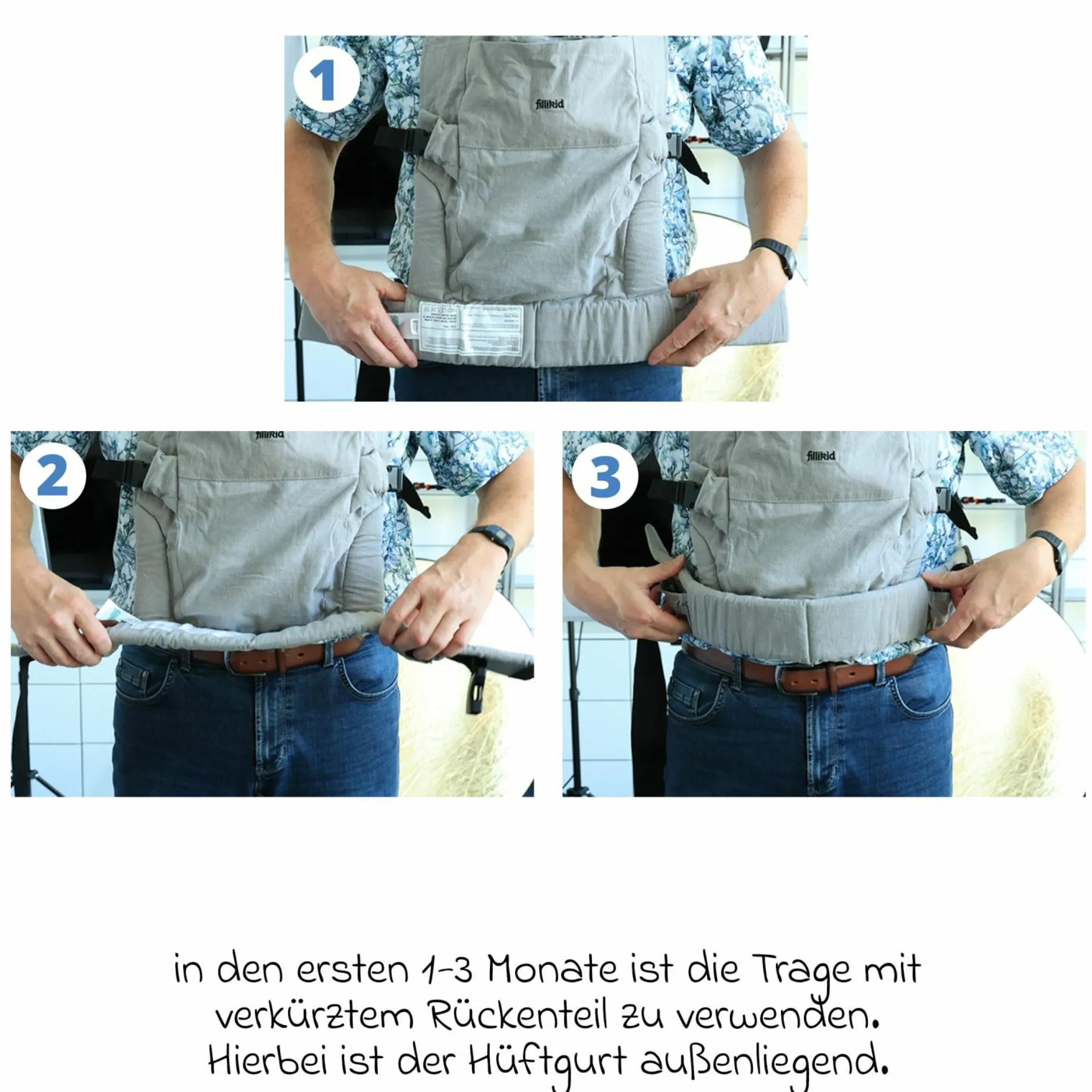 Babytrage Natural ab 3,5 -20 kg für Bauch-, Hüft und Rückentrageposition - Grau