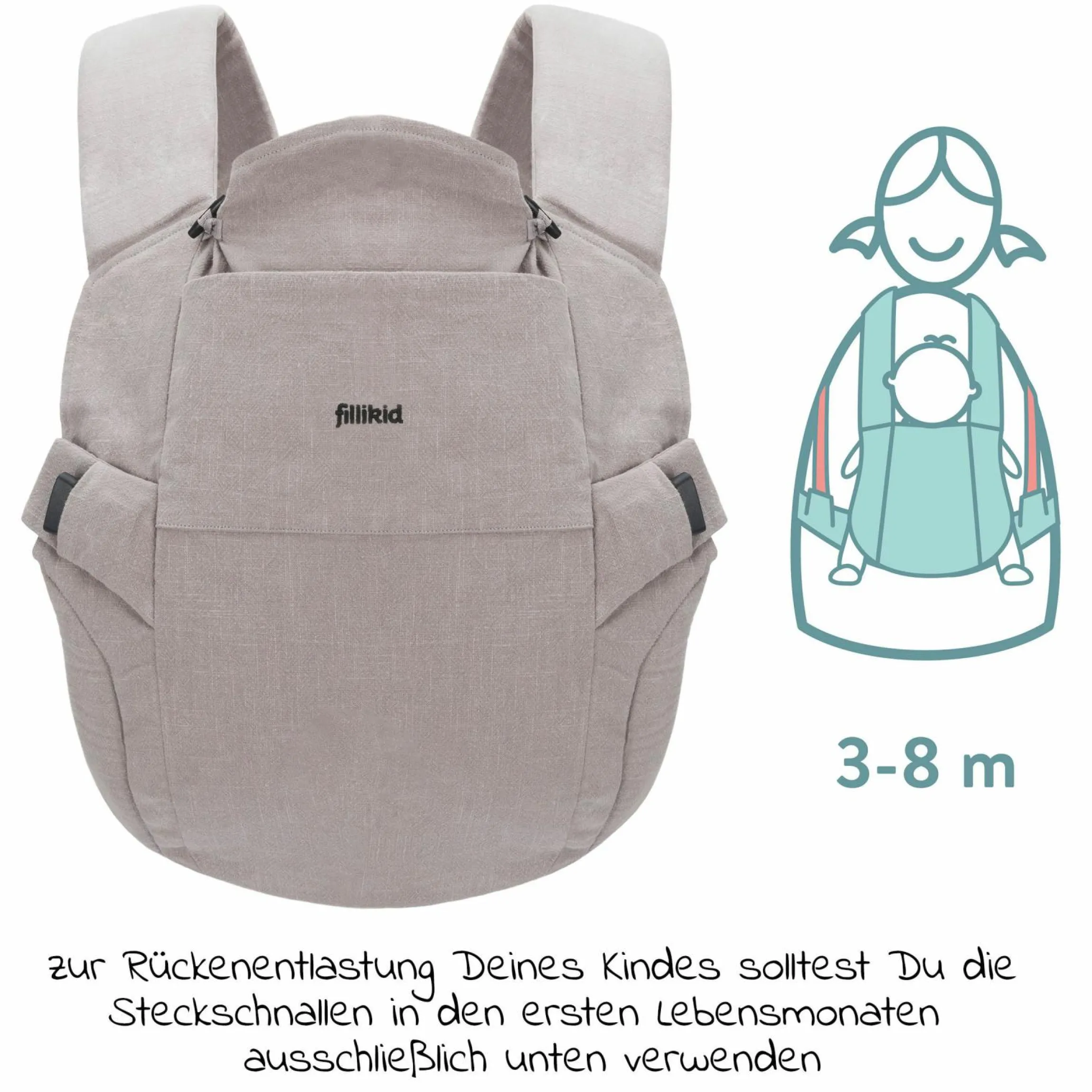 Babytrage Natural ab 3,5 -20 kg für Bauch-, Hüft und Rückentrageposition - Grau