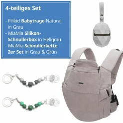 Babytrage Natural ab 3,5 -20 kg für Bauch-, Hüft und Rückentrageposition inkl. Silikon-Schnullerbox Diamant Hellgrau + 2er Set Schnullerketten Grau Grün - Grau