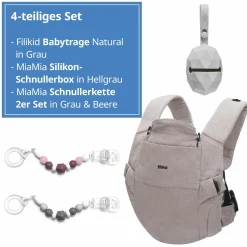 Babytrage Natural ab 3,5 -20 kg für Bauch-, Hüft und Rückentrageposition inkl. Silikon-Schnullerbox Diamant Hellgrau + 2er Set Schnullerketten Grau Beere - Grau