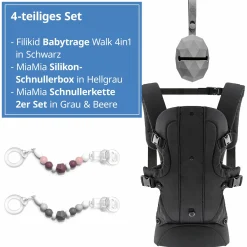 Babytrage Walk 4in1 inkl. Silikon-Schnullerbox Diamant Grau + 2er Set Schnullerketten Grau Beere - Schwarz