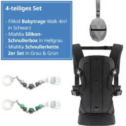 Babytrage Walk 4in1 inkl. Silikon-Schnullerbox Diamant Grau + 2er Set Schnullerketten Grau Grün - Schwarz