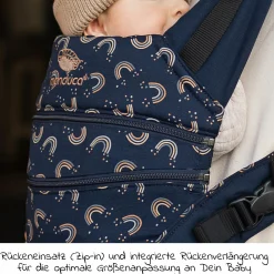 Babytrage XT für Neugeborene ab 3,5 kg - 20 kg mit 3 Tragepositionen aus 100% Bio-Baumwolle - RainbowNight - Navy Print