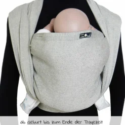 Babytragetuch ab Geburt - 3,5 kg - 20 kg - Anhock-Spreiz-Haltung, Bauch-, Rücken- und Hüfttrageweise, 100 % kbA-Baumwolle 68 x 470 cm - Silber