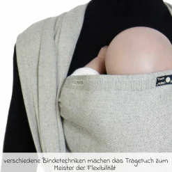 Babytragetuch ab Geburt - 3,5 kg - 20 kg - Anhock-Spreiz-Haltung, Bauch-, Rücken- und Hüfttrageweise, 100 % kbA-Baumwolle 68 x 470 cm - Silber