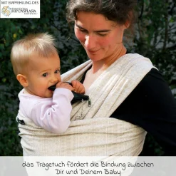 Babytragetuch ab Geburt - 3,5 kg - 20 kg - Anhock-Spreiz-Haltung, Bauch-, Rücken- und Hüfttrageweise, 100 % kbA-Baumwolle 68 x 470 cm - Prima - Natur