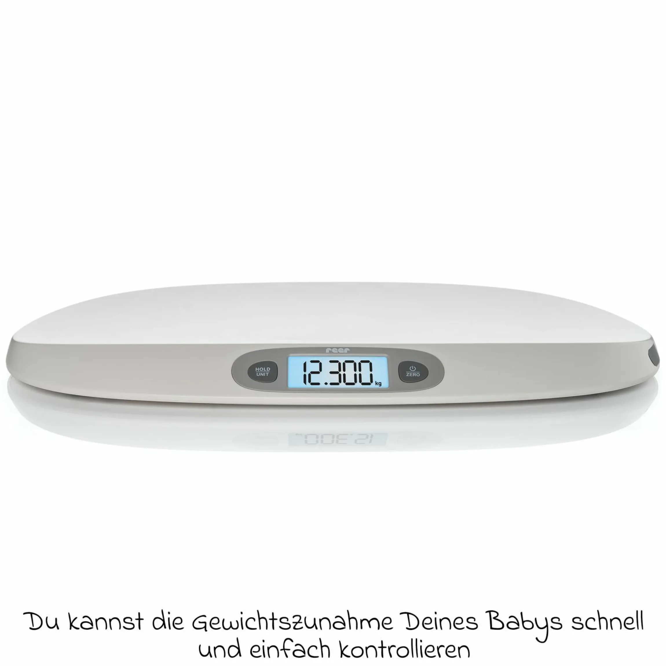 Babywaage BabyCare mit Maßband, ergonomische Wiegeschale, Tarier- und HOLD-Funktion bis 25 kg - Weiß