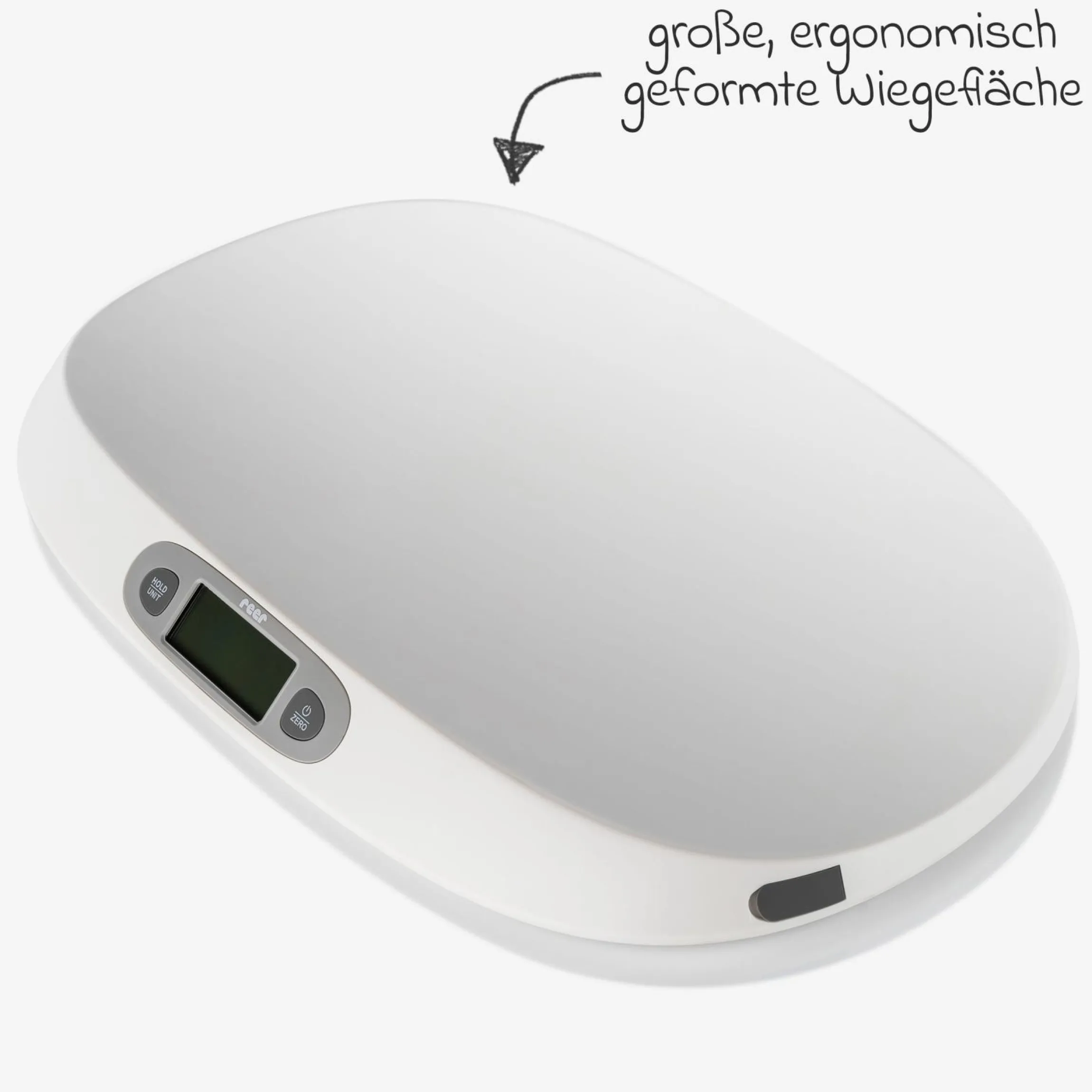 Babywaage BabyCare mit Maßband, ergonomische Wiegeschale, Tarier- und HOLD-Funktion bis 25 kg - Weiß