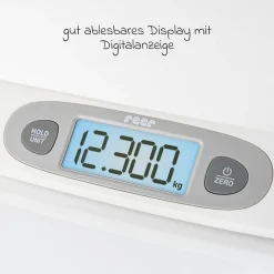 Babywaage BabyCare mit Maßband, ergonomische Wiegeschale, Tarier- und HOLD-Funktion bis 25 kg - Weiß