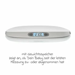 Babywaage BabyCare mit Maßband, ergonomische Wiegeschale, Tarier- und HOLD-Funktion bis 25 kg - Weiß