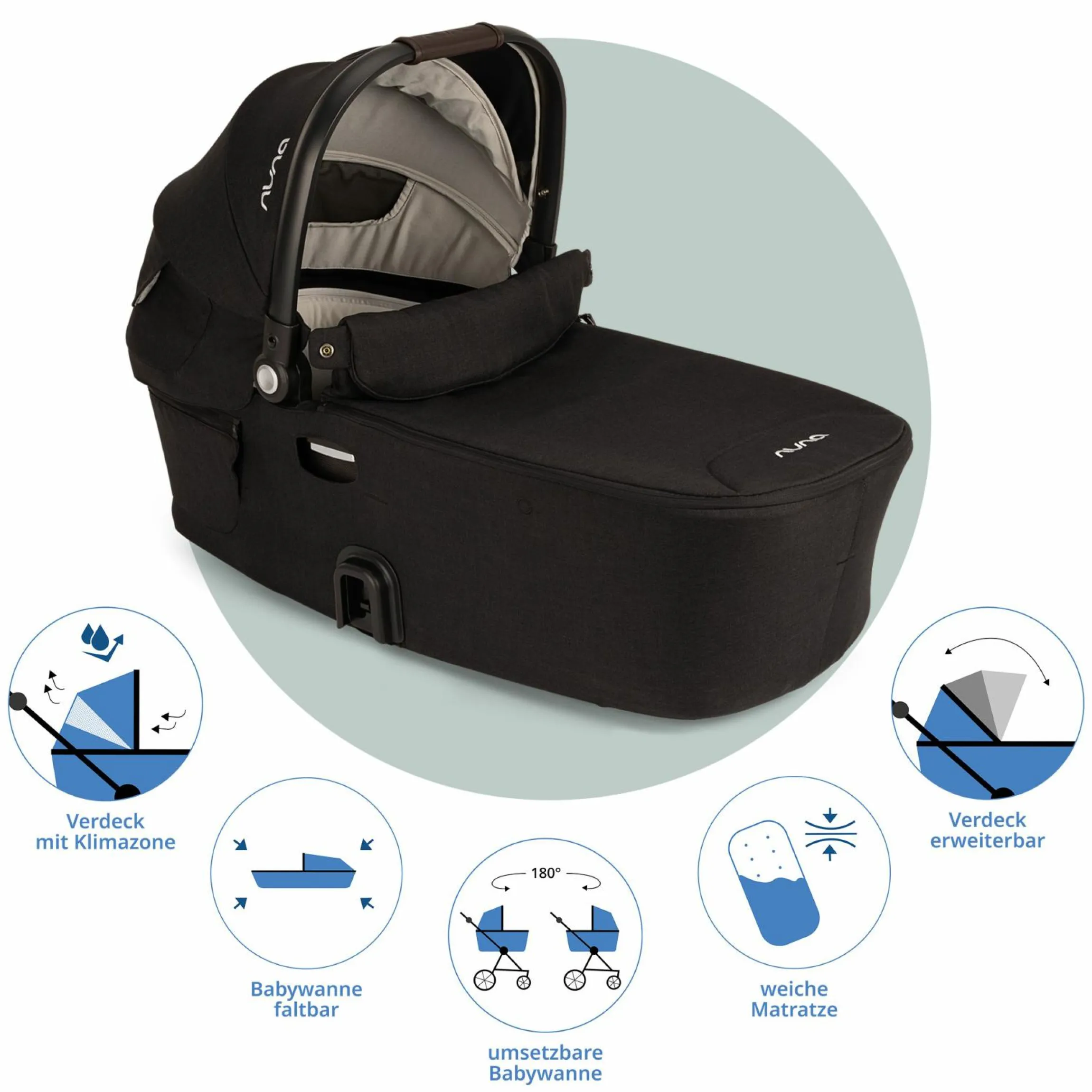Babywanne DEMI next faltbar ab Geburt bis 9 Monate mit Sichtschutz, Belüftungsfenster inkl. Matratze & Regenschutz - Caviar - Kollektion 2025